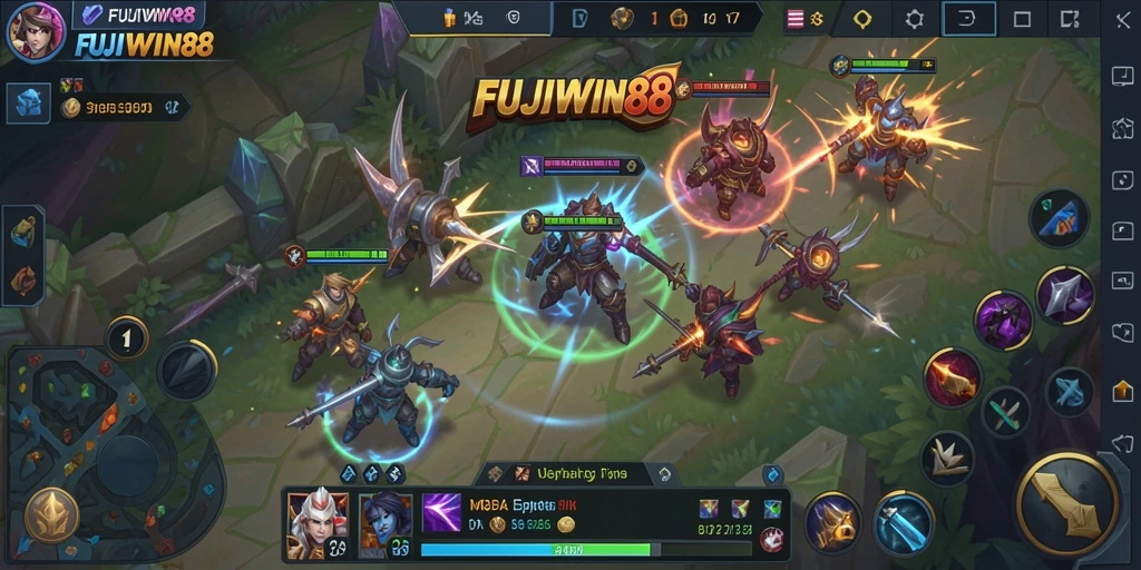 Screenshot gameplay MOBA yang menunjukkan pertempuran epik antara hero.