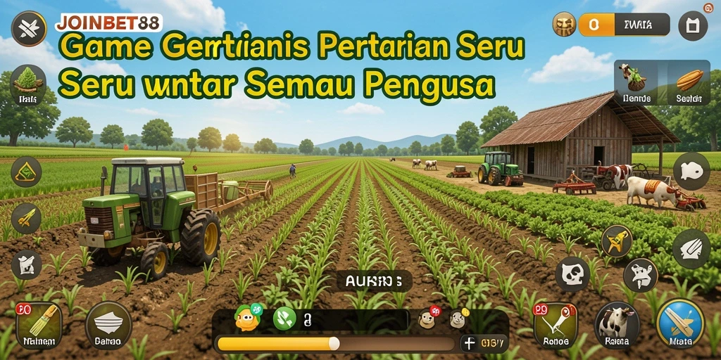 Screenshot gameplay, menunjukkan kebun subur dan aktivitas pertanian yang seru.