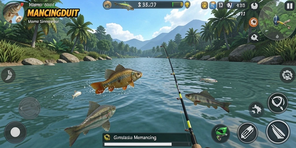 Screenshot gameplay MANCINGDUIT yang menampilkan pengalaman memancing yang seru.