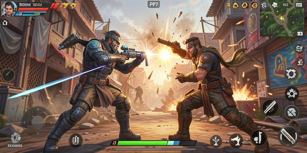Screenshot gameplay PP7 menampilkan pertarungan mendebarkan.