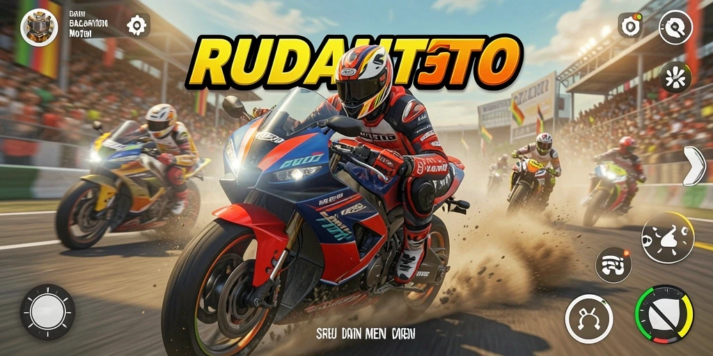 Tampilan gameplay memukau dari RUDALTOTO saat balapan motor.