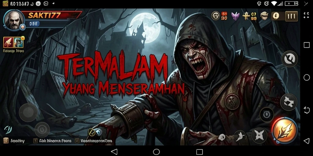 Tangkapan layar permainan SAKTI77 menunjukkan suasana menyeramkan dan karakter menakutkan.