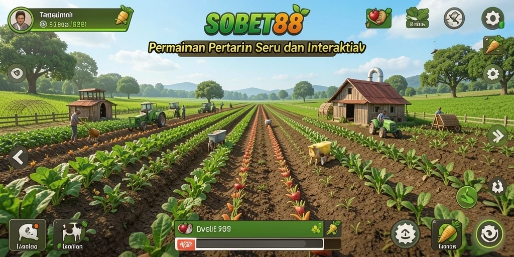Screenshot gameplay SOBET88 menunjukkan petak pertanian yang hijau dan rimbun.